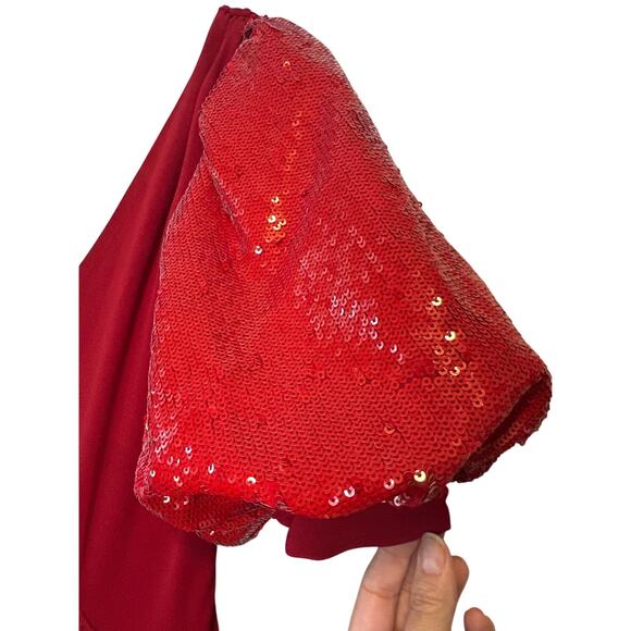 Self-Portrait Red Sequin Puff Sleeve Midi Dress Size 2 NWT - Picture 7 of 11